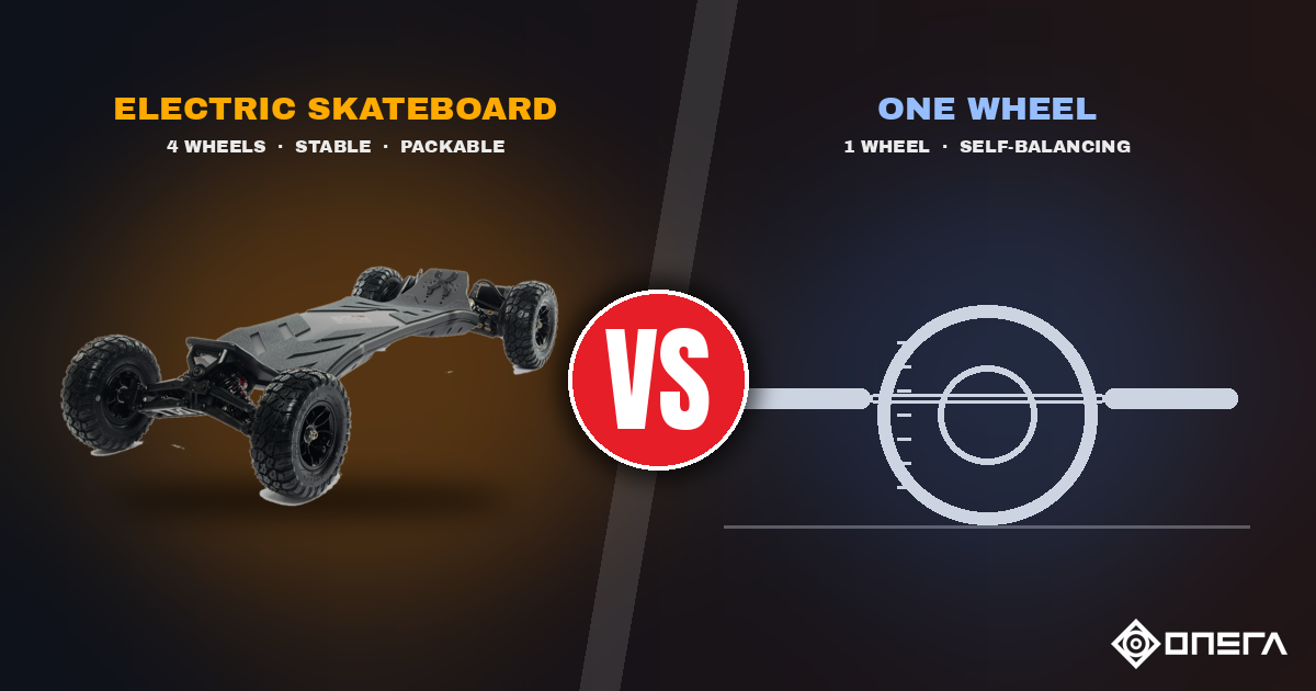 Onewheel vs electric skateboard: ONSRA VELAR 2.0 S next to a one-wheel board outline with a big VS
