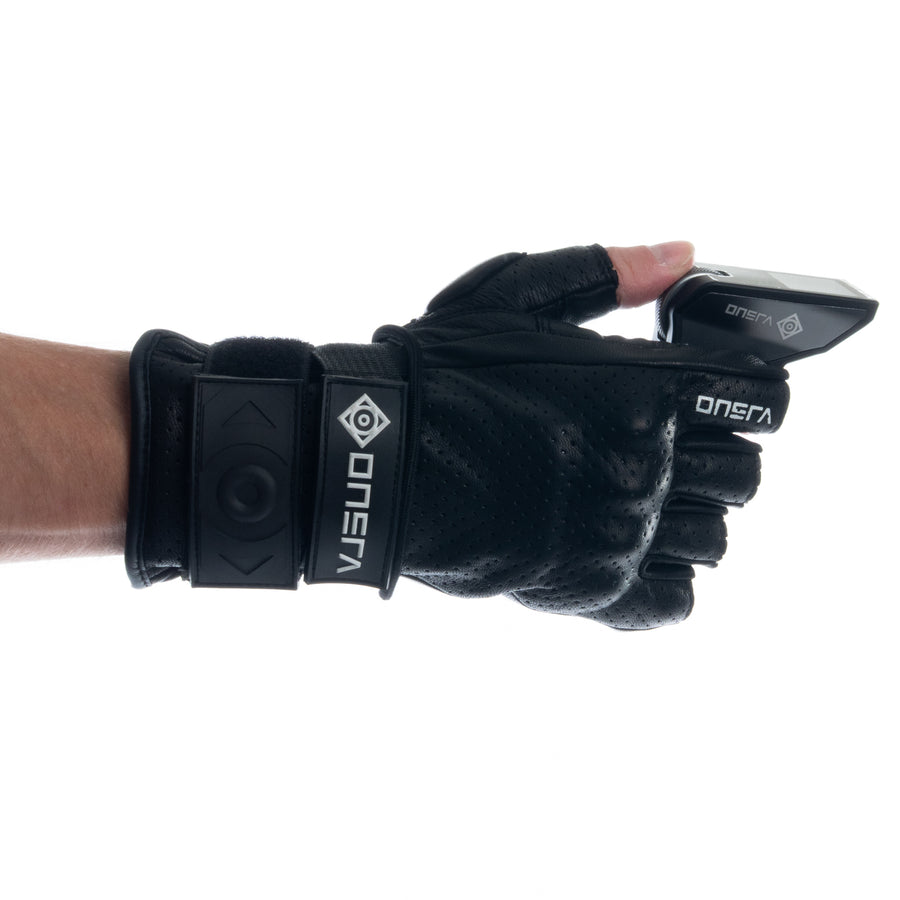 Black ONSRA short-finger glove holding a remote, side view of the wrist strap