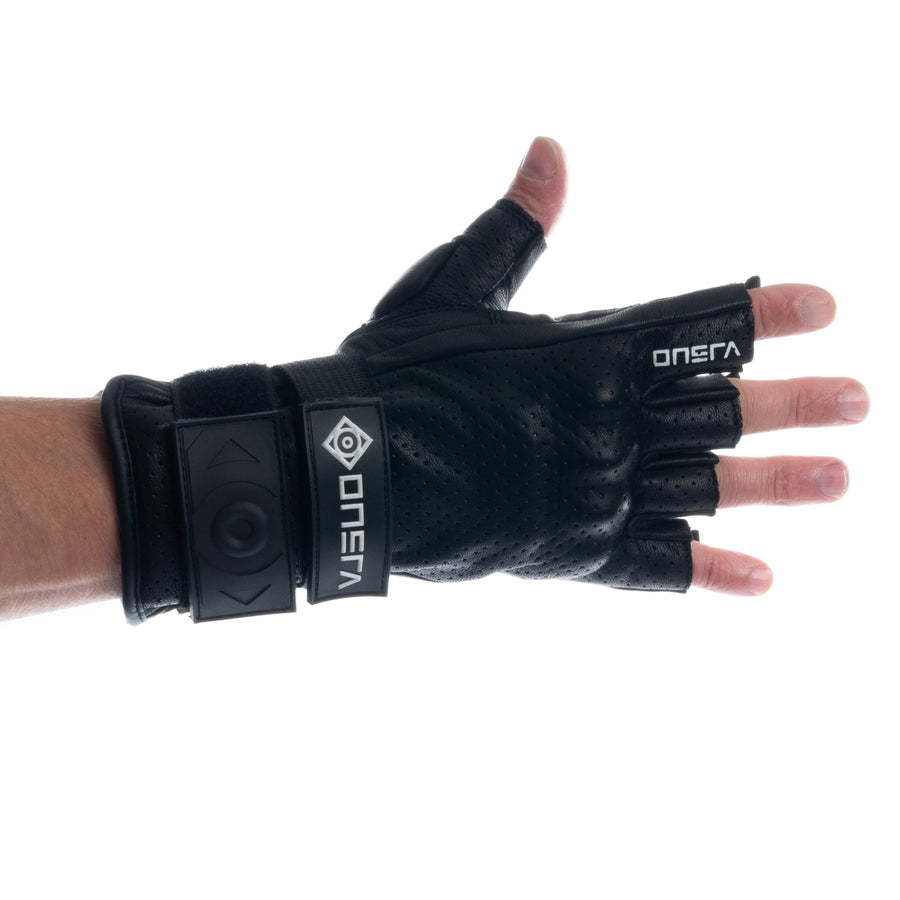 Black ONSRA short-finger e-skate glove on a hand, side view with wrist closure
