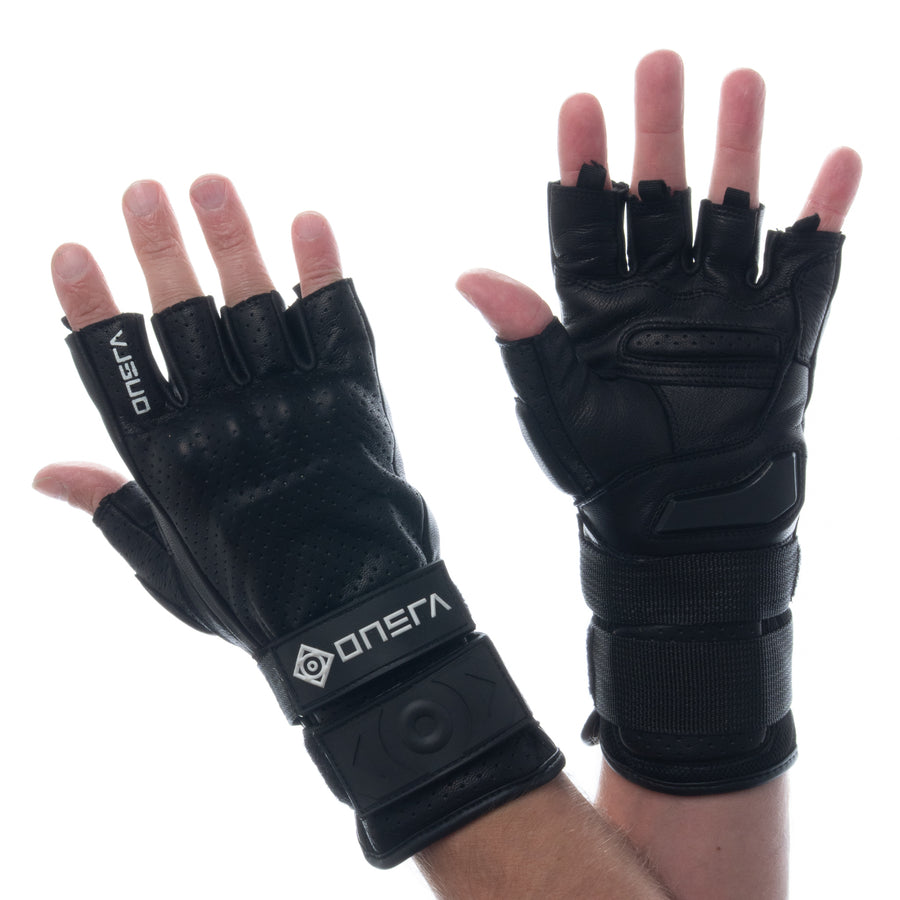 Pair of black ONSRA short-finger e-skate gloves worn on both hands, palm and back view