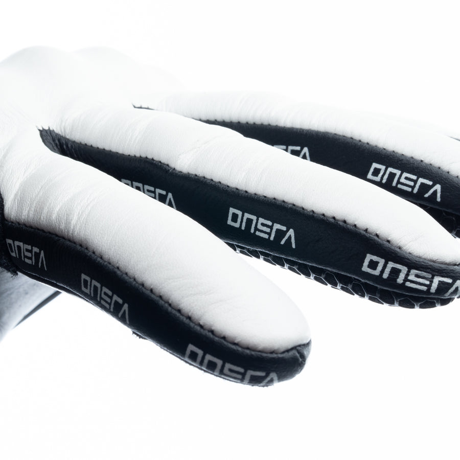 ULTRALIGHT Long-Finger White Motorbike & Eskate Gloves – glove detail with ONSRA logo