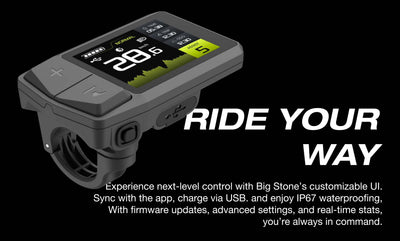 VANDAL E-Bike Display mit großem Bildschirm, integrierten Tasten und USB-Anschluss zum Laden des Smartphones – kompatibel mit der Bigstone App für Bluetooth-Konnektivität und Fahrdaten in Echtzeit.
