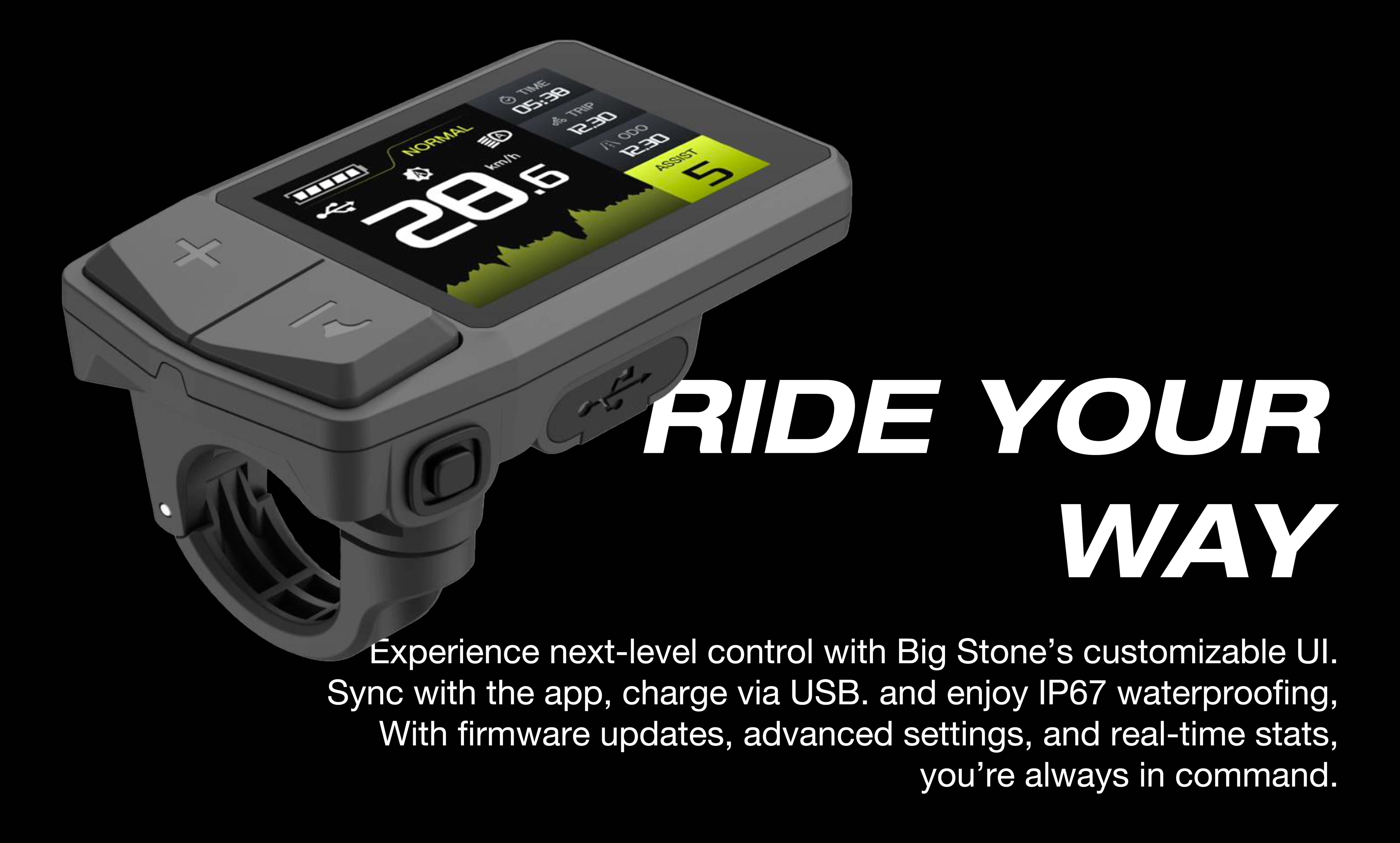 VANDAL E-Bike Display mit großem Bildschirm, integrierten Tasten und USB-Anschluss zum Laden des Smartphones – kompatibel mit der Bigstone App für Bluetooth-Konnektivität und Fahrdaten in Echtzeit.