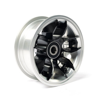 CNC aluminum electric skateboard wheel hub with black spokes and silver rim for BC3 PRO and VELAR 2.0 belt drive setups