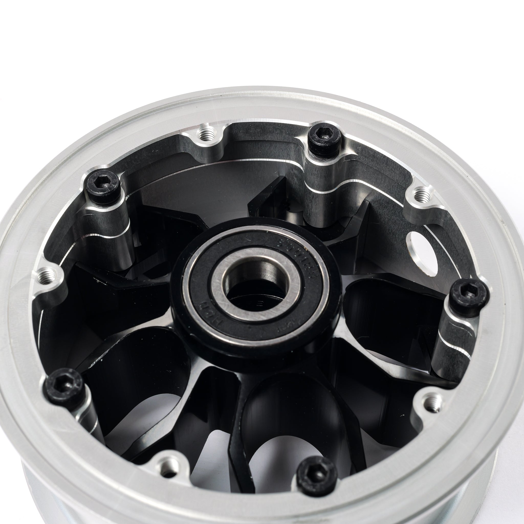 CNC aluminum electric skateboard wheel hub with black spokes and silver rim for BC3 PRO and VELAR 2.0 belt drive setups