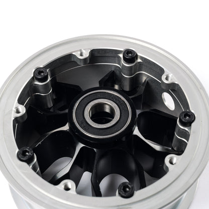CNC aluminum electric skateboard wheel hub with black spokes and silver rim for BC3 PRO and VELAR 2.0 belt drive setups