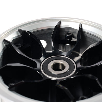 CNC aluminum electric skateboard wheel hub with black spokes and silver rim for BC3 PRO and VELAR 2.0 belt drive setups