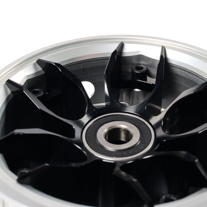 CNC aluminum electric skateboard wheel hub with black spokes and silver rim for BC3 PRO and VELAR 2.0 belt drive setups