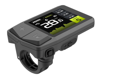 VANDAL E-Bike Display mit großem Bildschirm, integrierten Tasten und USB-Anschluss zum Laden des Smartphones – kompatibel mit der Bigstone App für Bluetooth-Konnektivität und Fahrdaten in Echtzeit.