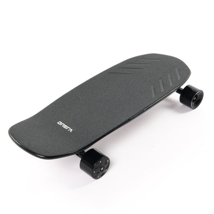 ZENO electric skateboard with lightweight carbon fiber and wood kicktail deck, stealthy hub motors, 14S power system, and swappable 99Wh travel battery — a super powerful yet portable electric longboard for commuting and travel.