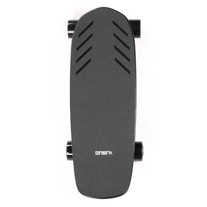 ZENO electric skateboard with lightweight carbon fiber and wood kicktail deck, stealthy hub motors, 14S power system, and swappable 99Wh travel battery — a super powerful yet portable electric longboard for commuting and travel.