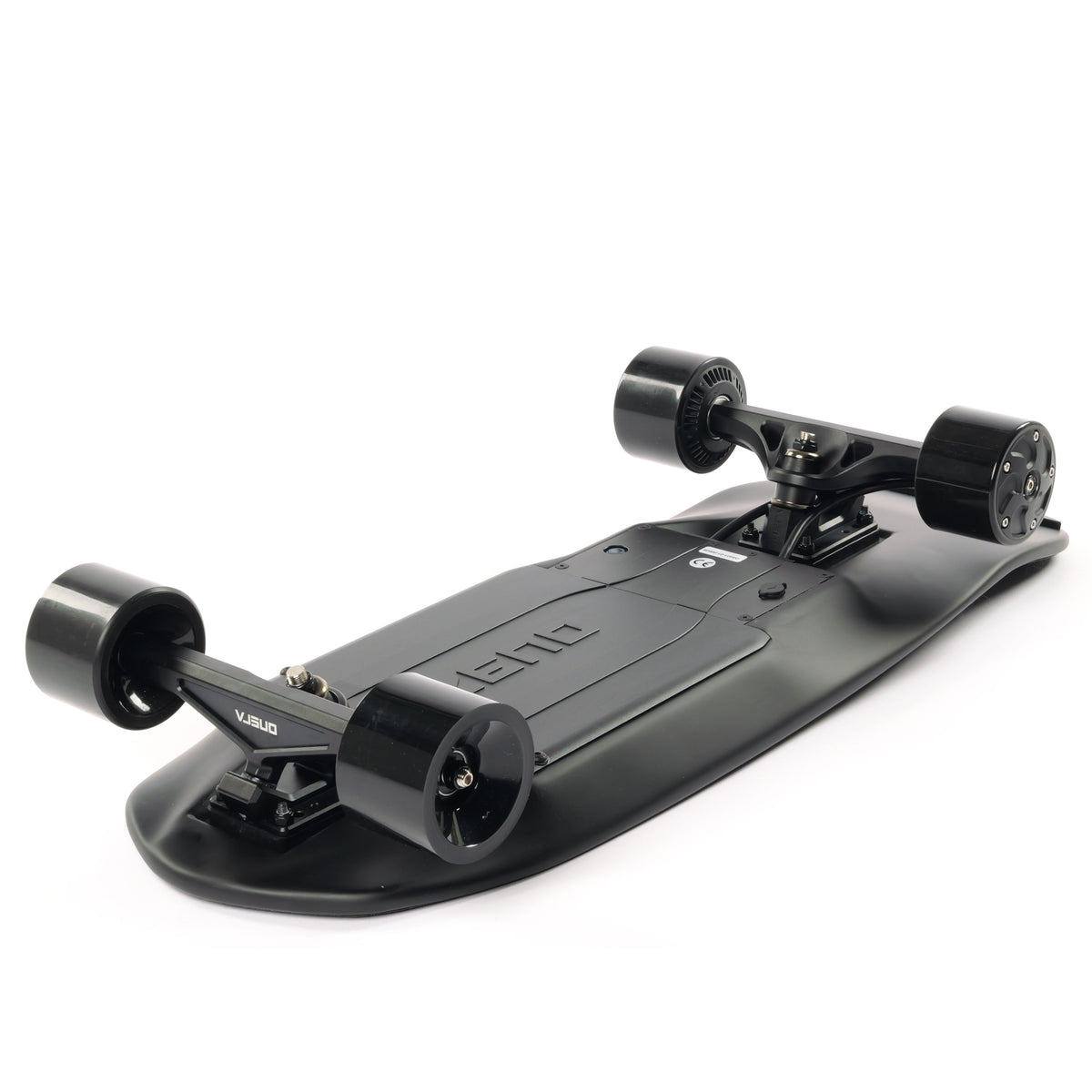 Underside of the ZENO: TKP trucks, hub motors and the battery enclosure