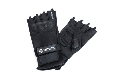 ONSRA Fingerless E-Skate Gloves with palm sliders, wrist protection, knuckle guards, and double wrist straps for electric skateboarders.